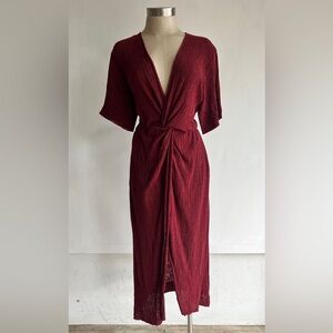 Maroon pleated knot dress with sleeves